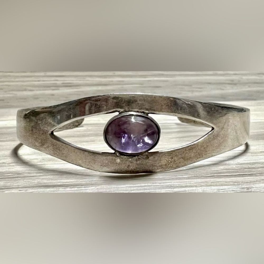 Handmade Signed Sterling Silver Amethyst Cabochon Cuff Bracelet, 6-6.5", 10.6g